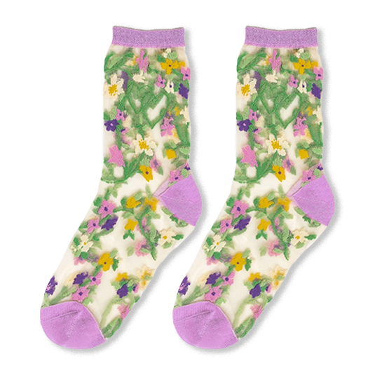 Sheer socks with green vine hearts, tiny yellow, purple, pink, and white flowers, and solid light purple cuffs.