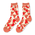 Sheer socks with a red strawberry and white daisy pattern, featuring coral-pink toes, heels, and ruffled cuffs.