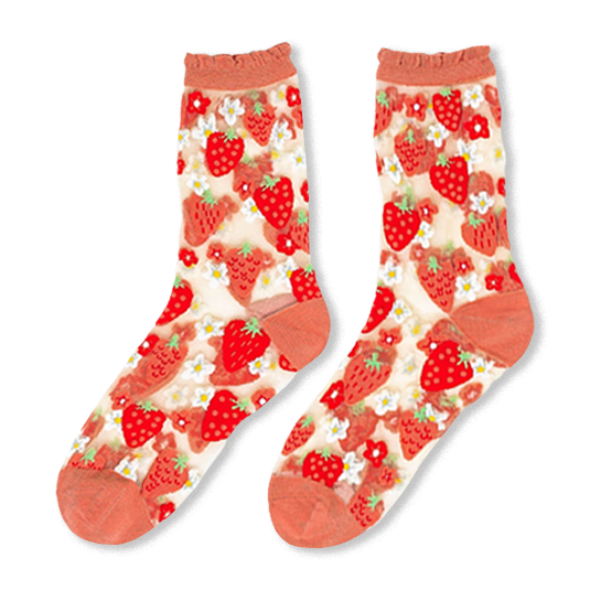 Sheer socks with a red strawberry and white daisy pattern, featuring coral-pink toes, heels, and ruffled cuffs.