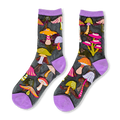 Sheer black mesh socks with bright pink, orange, green and purple mushrooms, plus solid lavender cuffs and toes.