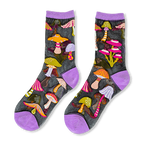 Sheer black mesh socks with bright pink, orange, green and purple mushrooms, plus solid lavender cuffs and toes.