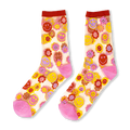 Sheer socks with solid pink heels and toes, red cuffs, and a pattern of bright smiley faces inside colorful daisy flowers.