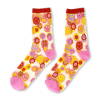 Sheer socks with solid pink heels and toes, red cuffs, and a pattern of bright smiley faces inside colorful daisy flowers.