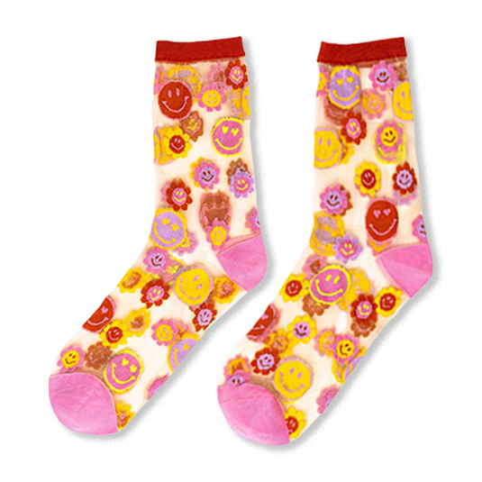 Sheer socks with solid pink heels and toes, red cuffs, and a pattern of bright smiley faces inside colorful daisy flowers.