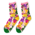 Sheer socks with bright pink cuffs, green toes, and colorful quirky cat illustrations in purple, yellow, and magenta.