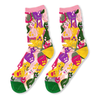 Sheer socks with bright pink cuffs, green toes, and colorful quirky cat illustrations in purple, yellow, and magenta.