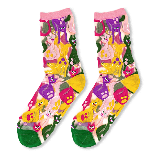 Sheer socks with bright pink cuffs, green toes, and colorful quirky cat illustrations in purple, yellow, and magenta.