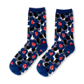 Sheer crew socks featuring large royal blue flowers, bright pink centers, and black abstract shapes on a translucent base.