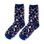 Sheer crew socks featuring large royal blue flowers, bright pink centers, and black abstract shapes on a translucent base.