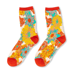 Sheer crew socks featuring a bright yellow, teal, orange, and red floral pattern with solid red cuffs, heels, and toes.