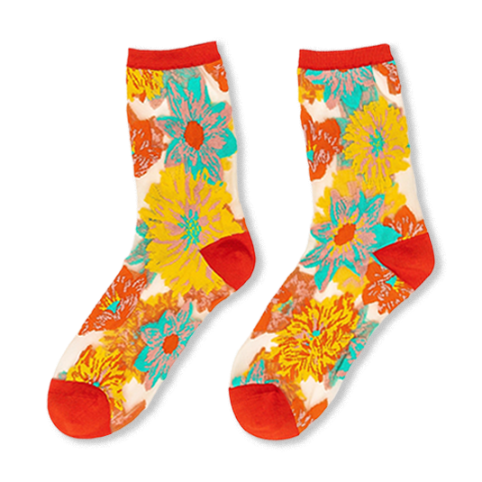 Sheer crew socks featuring a bright yellow, teal, orange, and red floral pattern with solid red cuffs, heels, and toes.