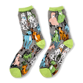 Pair of sheer socks with bright lime green cuffs and toes. The dark transparent fabric features dalmatians and colorful dogs.