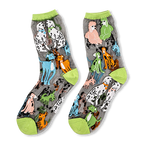 Pair of sheer socks with bright lime green cuffs and toes. The dark transparent fabric features dalmatians and colorful dogs.