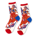 Sheer mesh crew socks featuring a red and gold horse design with colorful flowers. Solid red cuffs and toes with blue heels.