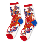Sheer mesh crew socks featuring a red and gold horse design with colorful flowers. Solid red cuffs and toes with blue heels.