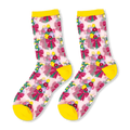 Sheer socks with a subtle shimmer featuring colorful floral bouquets tied with pink bows, plus bright yellow cuffs and toes.