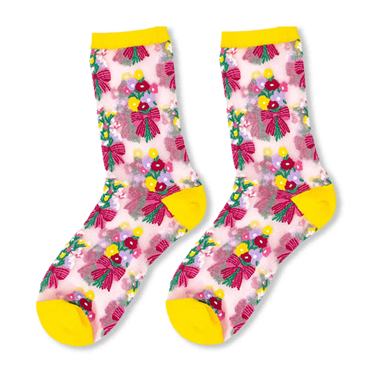Sheer socks with a subtle shimmer featuring colorful floral bouquets tied with pink bows, plus bright yellow cuffs and toes.