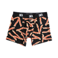 Black boxer briefs with a fun, all-over print of crispy bacon strips. The waistband says 'SOCK it to me'.