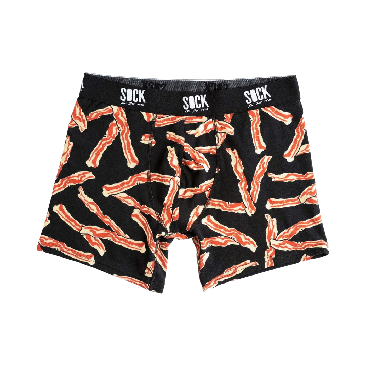Black boxer briefs with a fun, all-over print of crispy bacon strips. The waistband says 'SOCK it to me'.