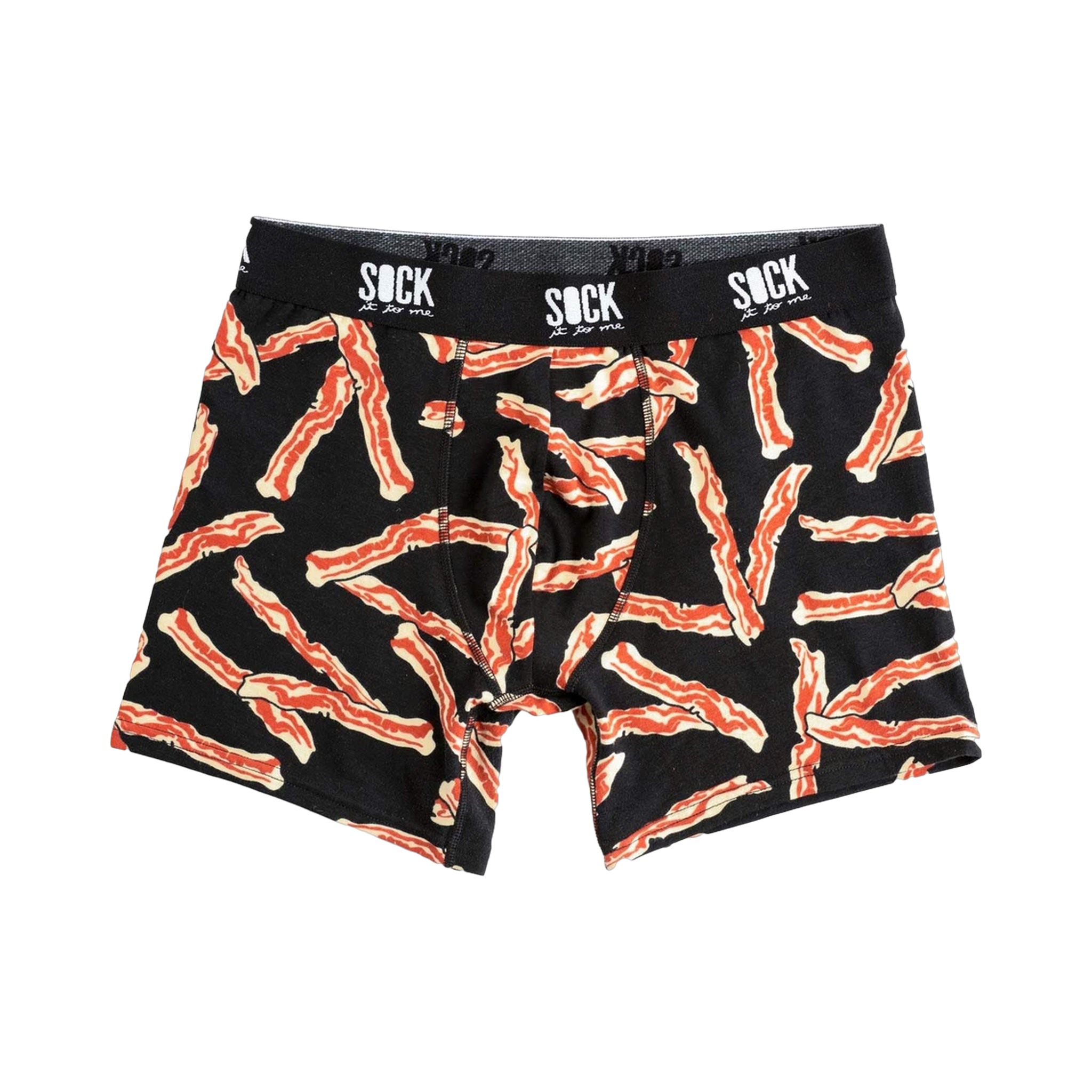 Black boxer briefs with a fun, all-over print of crispy bacon strips. The waistband says 'SOCK it to me'.