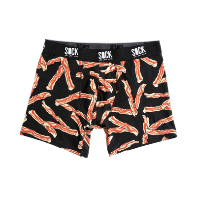 Black boxer briefs with a fun, all-over print of crispy bacon strips. The waistband says 'SOCK it to me'.
