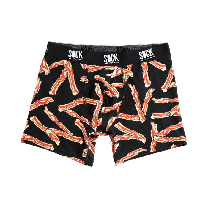 Black boxer briefs with a fun, all-over print of crispy bacon strips. The waistband says 'SOCK it to me'. }}