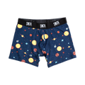 Navy blue men's boxer briefs with a whimsical all-over print of planets and stars in yellow, orange, and red.