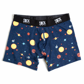 socks featuring planets and stars on a blue background for men with a crew length   