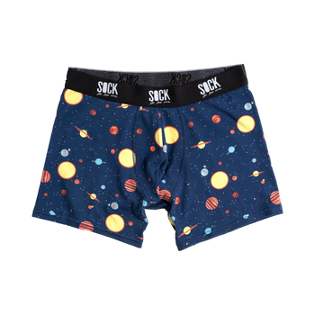 Navy blue men's boxer briefs with a whimsical all-over print of planets and stars in yellow, orange, and red.