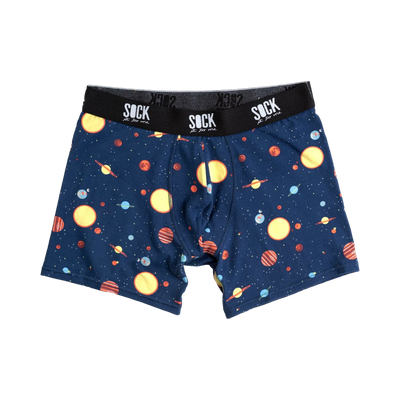 Navy blue men's boxer briefs with a whimsical all-over print of planets and stars in yellow, orange, and red.