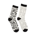 Pair of cream crew socks with black stripes and text. Titles of banned books are printed on the socks, including 'To Kill a Mockingbird' and '1984'.