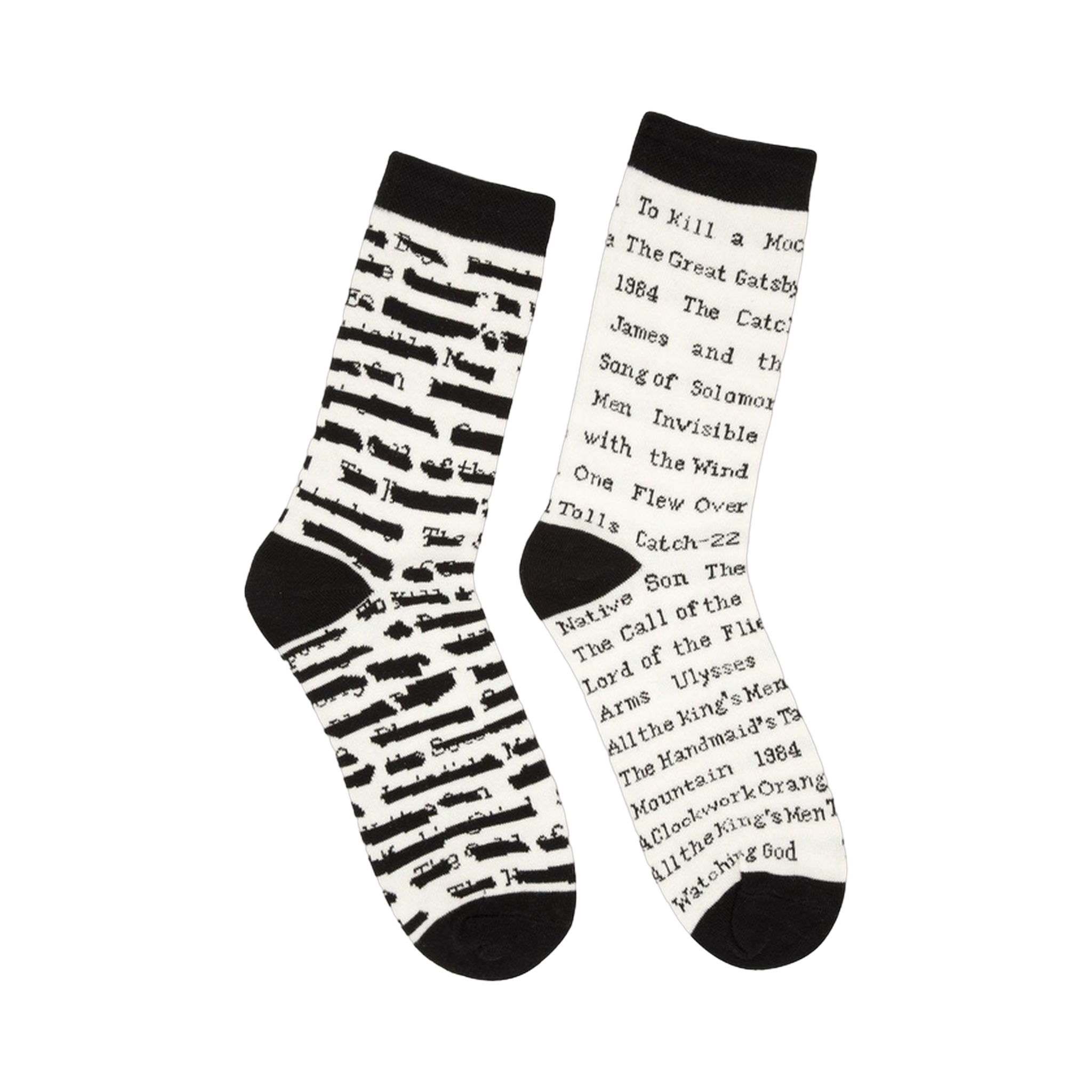 Pair of cream crew socks with black stripes and text. Titles of banned books are printed on the socks, including 'To Kill a Mockingbird' and '1984'.