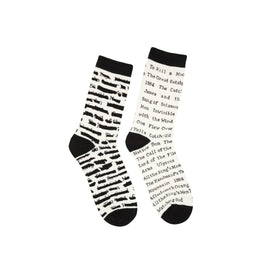  black crew socks with white text listing banned books. perfect for literature lovers.  