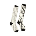 Pair of cream knee-high socks with black text listing titles of banned books.  A literary-themed design for book lovers.