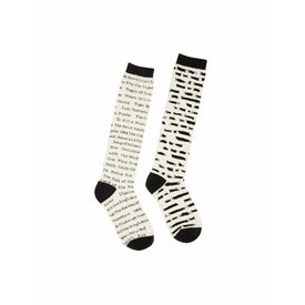 black and white striped knee-high socks celebrating banned books.   