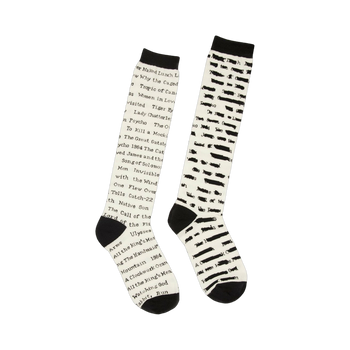 Pair of cream knee-high socks with black text listing titles of banned books.  A literary-themed design for book lovers.