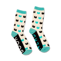 Pair of cream crew socks with teal accents and a repeating pattern of black book illustrations. 'Book Nerd' is written on the cuff.