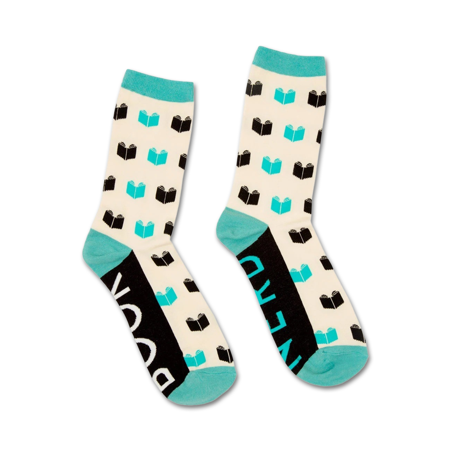 Pair of cream crew socks with teal accents and a repeating pattern of black book illustrations. 'Book Nerd' is written on the cuff.