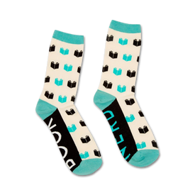 black and white crew socks with the words 'book' and 'nerd' in blue letters, crafted for those who embrace their love of reading.   