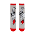 gray crew socks w/red cuff. sloth pattern printed in black and white, holding red books.   