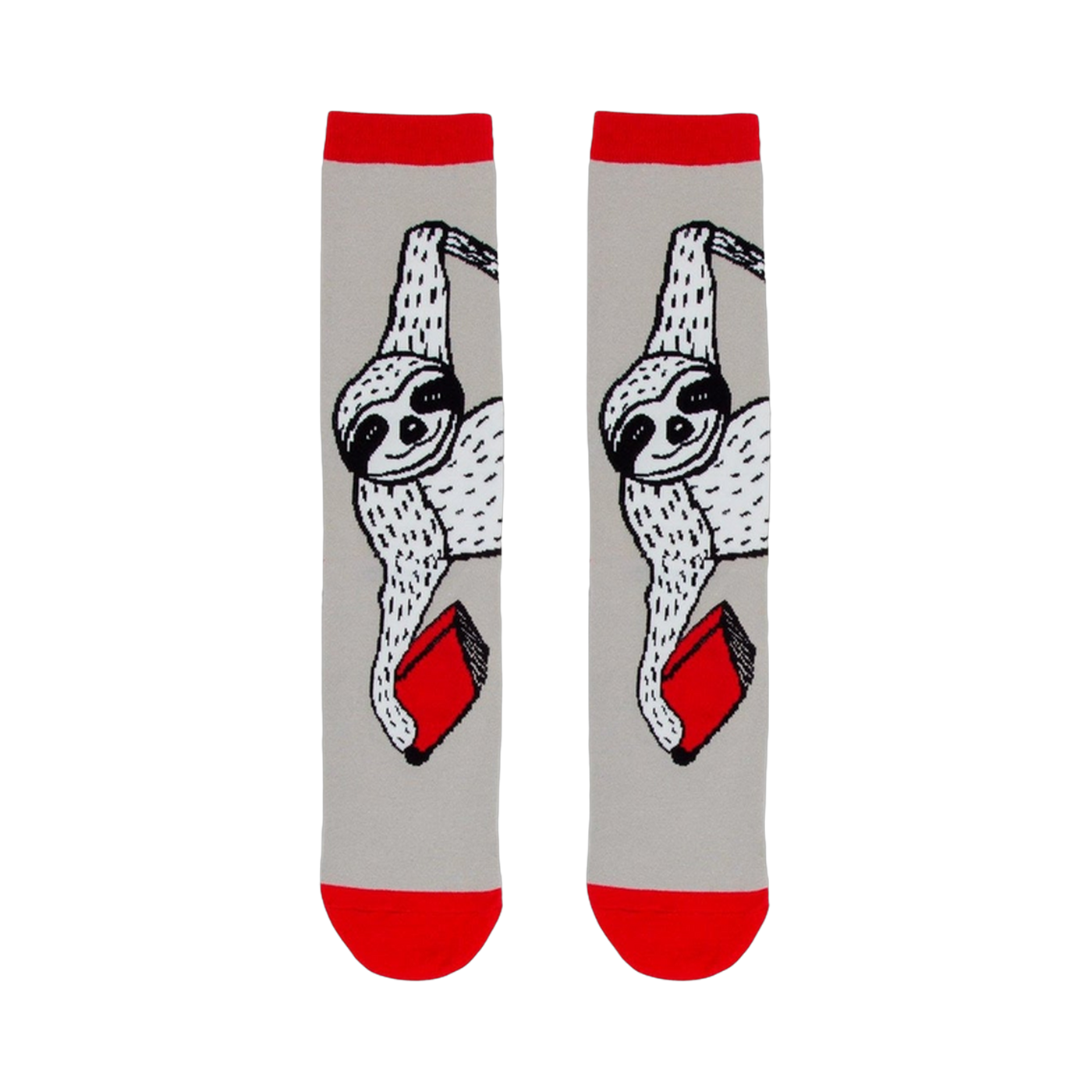 gray crew socks w/red cuff. sloth pattern printed in black and white, holding red books.   
