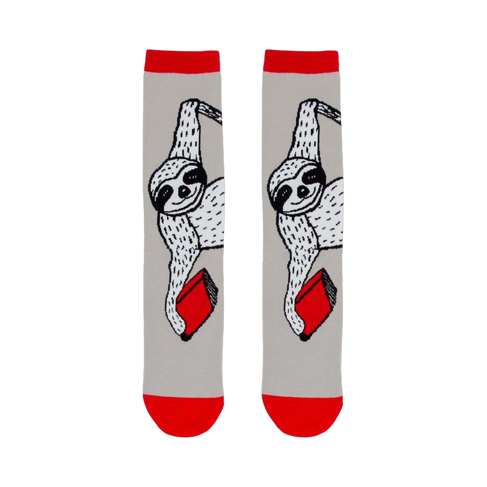 gray crew socks w/red cuff. sloth pattern printed in black and white, holding red books.   