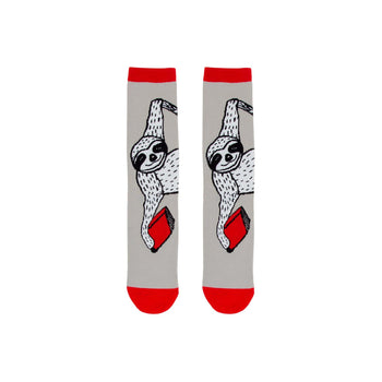 gray crew socks w/red cuff. sloth pattern printed in black and white, holding red books.   