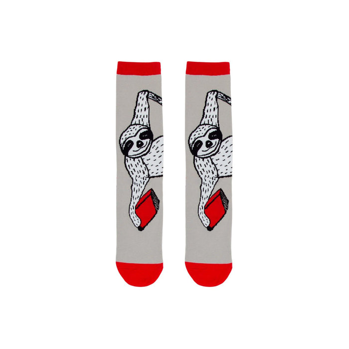 gray crew socks w/red cuff. sloth pattern printed in black and white, holding red books.    }}