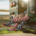Two friends perch on the rear bumper of an old green Thomas school bus in a desert pull-off, kicking their feet skyward to show the Flag socks in VINTAGE BLUE patterned with stars-and-stripes from heel to calf. [lf]