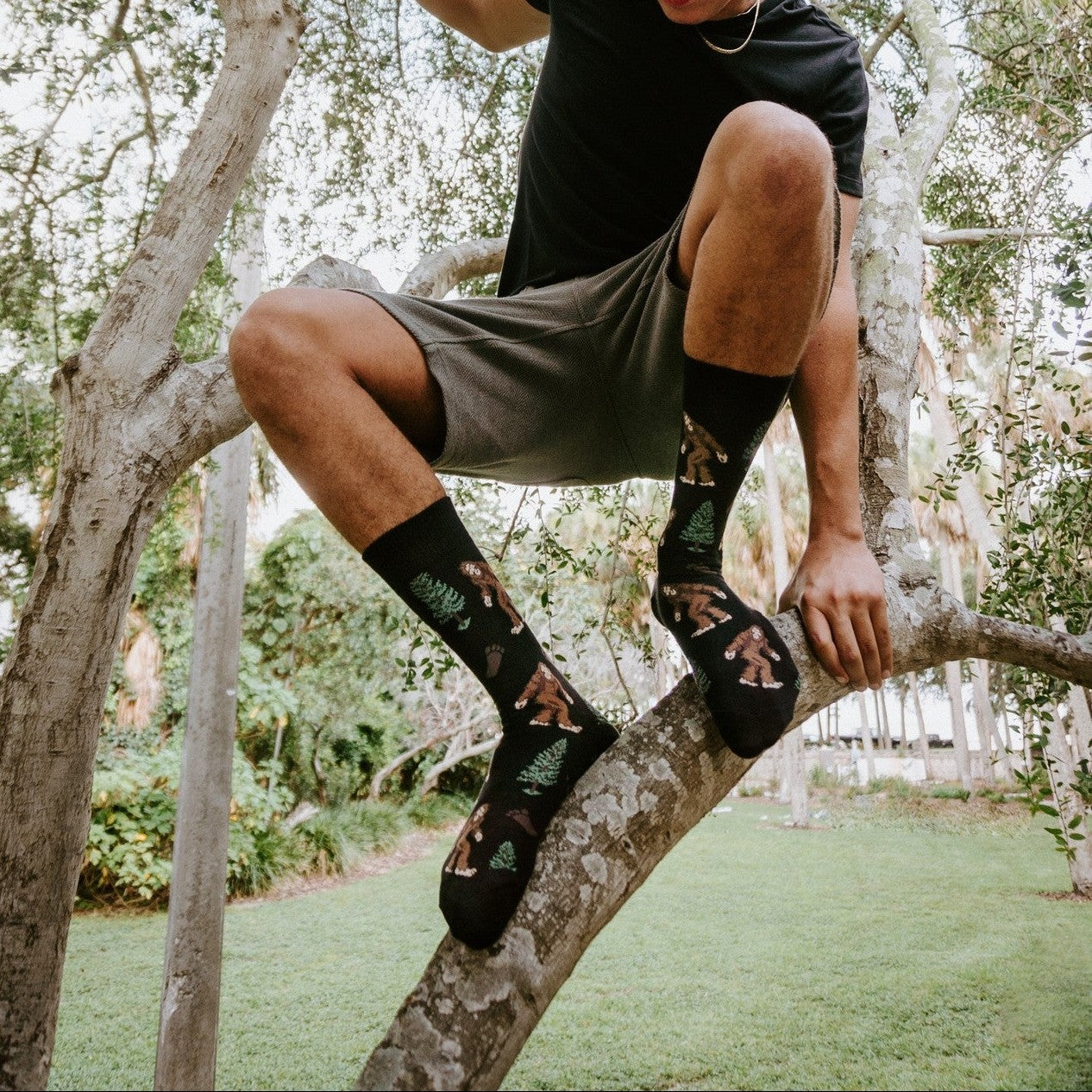 A young man perches on a tree branch, leaning down with one arm gripping a limb, wearing Bigfoot XL in BLACK socks with sneakers in a sunlit backyard. [lf]
