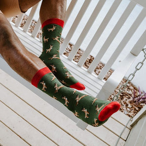 A man reads on a porch swing surrounded by greenery, his feet propped up to feature green Leaping Reindeer socks with red heels and toes against a sunlit garden backdrop. [lf]