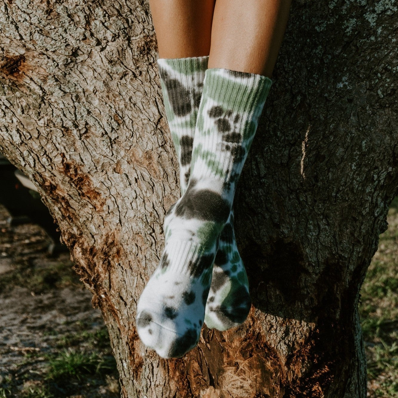 A close-up of legs draped over a tree branch with Tie Dye Athletic socks in Black Forest contrasting against the rough bark. [lf]