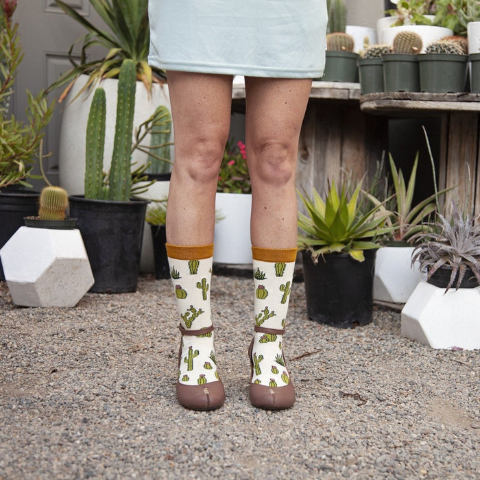 A close-up of crossed feet in King Cactus Bamboo cream socks with cactus and crown prints, posed against a backdrop of potted cacti and succulents. [lf]
