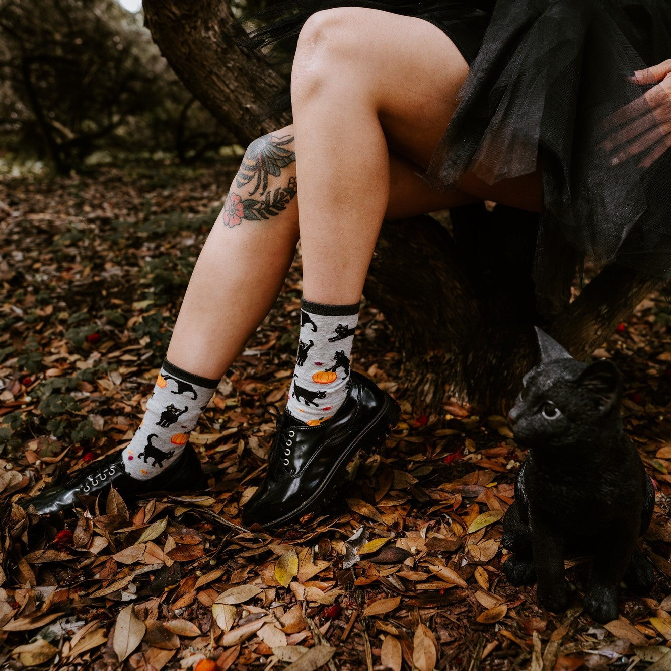 Black Cat Halloween socks featuring black feline silhouettes shown on a forest floor styled with carved pumpkins. [lf]